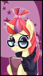 Size: 1029x1816 | Tagged: safe, artist:xwhitedreamsx, moondancer, pony, unicorn, g4, adorkable, book, clothes, cute, dancerbetes, dork, female, glasses, hoof hold, looking at you, mare, meganekko, smiling, solo, sweater