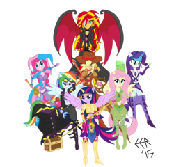 Size: 2304x2210 | Tagged: safe, artist:e-e-r, applejack, fluttershy, pinkie pie, rainbow dash, rarity, sunset shimmer, twilight sparkle, alicorn, human, equestria girls, g4, belly button, cleavage, clothes, female, high res, humane five, humane seven, humane six, inspirarity, inspiration manifestation book, midriff, shadowbolt dash, shadowbolts costume, simple background, staff, sunset satan, sword, transparent background, twilight scepter, twilight sparkle (alicorn)