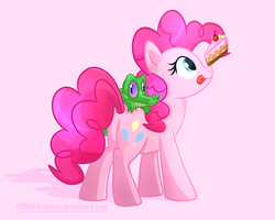Size: 2500x2000 | Tagged: safe, artist:xwhitedreamsx, gummy, pinkie pie, alligator, earth pony, pony, g4, balancing, cake, female, high res, pink background, ponies balancing stuff on their nose, simple background, solo, tongue out