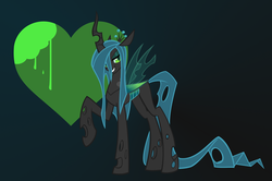 Size: 2640x1756 | Tagged: safe, artist:rubbermage, queen chrysalis, changeling, changeling queen, g4, female, heart, raised hoof, solo