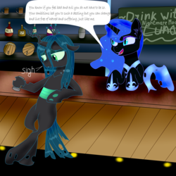 Size: 3000x3000 | Tagged: source needed, safe, artist:php101, nightmare moon, queen chrysalis, alicorn, changeling, changeling queen, pony, g4, alcohol, bar, crying, drink, female, helmet, high res, missing accessory, nicemare moon