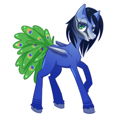 Size: 1473x1440 | Tagged: safe, artist:cups, derpibooru exclusive, oc, oc only, bird, bird pone, peacock, pony, bedroom eyes, buraq, male, small wings, smiling, solo, stallion