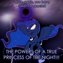 Size: 1003x997 | Tagged: safe, edit, princess luna, g4, angry, boast, dragon ball, dragon ball z, female, lightning, magic, modified quote, photoshop, power, princess of the night, quote, solo, vector, vegeta