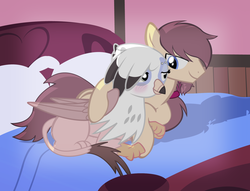 Size: 1577x1207 | Tagged: source needed, safe, artist:radiantrealm, oc, oc only, oc:ginger feathershy, oc:rory kenneigh, griffon, g4, bed, bedroom, blushing, claws, cuddling, eyebrow piercing, featherneigh, female, griffoneigh, holding hands, holding hooves, interspecies, jewelry, male, piercing, pillow, shipping, show accurate, snuggling, stallion, straight, wings