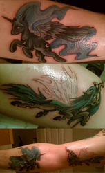 Size: 522x861 | Tagged: safe, artist:robbergon, princess luna, queen chrysalis, g4, photo, tattoo