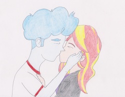 Size: 2704x2094 | Tagged: safe, artist:ponysubmarine, curly winds, some blue guy, sunset shimmer, equestria girls, g4, background human, cute, embrace, female, high res, kissing, male, shipping, straight, sunwinds, traditional art