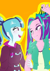 Size: 1240x1748 | Tagged: safe, artist:amazingpuffhair, aria blaze, sonata dusk, equestria girls, g4, cute, female, lesbian, ship:arisona, shipping