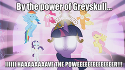 Size: 1280x720 | Tagged: safe, edit, edited screencap, screencap, applejack, fluttershy, pinkie pie, rainbow dash, rarity, twilight sparkle, g4, elements of harmony, female, he-man, image macro, mane six, meme, the elements in action