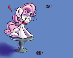 Size: 500x395 | Tagged: safe, artist:tadashi--kun, sweetie belle, pony, spider, unicorn, g4, arachnophobia, exclamation point, female, filly, scared, simple background, solo, table