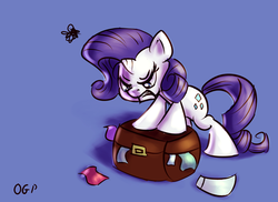 Size: 700x509 | Tagged: safe, artist:tadashi--kun, rarity, pony, unicorn, g4, angry, female, luggage, packing, simple background, solo, suitcase