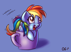 Size: 700x511 | Tagged: safe, artist:tadashi--kun, rainbow dash, pegasus, pony, g4, cup, cup of pony, cute, dashabetes, female, happy, mare, micro, open mouth, signature, simple background, solo, weapons-grade cute, wiggle