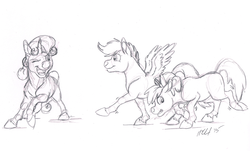 Size: 1280x771 | Tagged: safe, artist:carnivorouscaribou, apple bloom, scootaloo, sweetie belle, g4, cutie mark crusaders, game, monochrome, red light green light, rough sketch, squid game in hindsight, traditional art