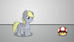 Size: 625x356 | Tagged: safe, artist:wave-realm, derpy hooves, pegasus, pony, g4, age progression, animated, blank flank, cute, female, filly, growth, mare, mushroom, newbie artist training grounds, power-up, smiling, standing, super mario bros., super mushroom, younger