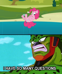 Size: 631x760 | Tagged: safe, pinkie pie, g4, cell, cell (dragon ball), dragon ball, dragon ball z, dragonball z abridged, i have so many questions..., in which pinkie pie forgets how to gravity, pinkie being pinkie, pinkie physics, semi-perfect cell