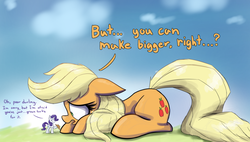 Size: 1280x725 | Tagged: safe, artist:heir-of-rick, applejack, rarity, pony, g4, dialogue, floppy ears, giant pony, hat, macro, prone, size difference