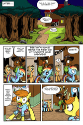 Size: 1024x1537 | Tagged: safe, artist:leon-z, applejack, rainbow dash, oc, oc:bee broom, oc:saguaro root, pony, comic:appledash sour sweetness, g4, :o, apron, bottomless, clothes, comic, eye contact, eyes closed, female, floppy ears, frown, glare, house, lesbian, open mouth, partial nudity, question mark, raised eyebrow, ship:appledash, shipping, shirt, sweat, unamused, wide eyes