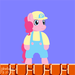 Size: 500x500 | Tagged: safe, artist:phallen1, pinkie pie, earth pony, pony, g4, animated, bipedal, clothes, female, frown, growth, muffin, newbie artist training grounds, parody, poison mushroom, power-up, shrinking, smiling, super mario bros., super mario bros.: the lost levels, super mushroom