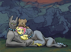 Size: 1280x931 | Tagged: safe, artist:harryclopper, fido, fluttershy, rover, spot, diamond dog, pegasus, pony, g4, abs, bedroom eyes, collar, cuddling, dogpile, eyes closed, female, gem, looking at you, mare, on back, open mouth, smiling, snuggling
