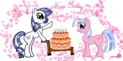 Size: 1060x529 | Tagged: safe, artist:cathy_thepony, oc, oc only, oc:cathy, oc:heartmaker, earth pony, pony, bipedal leaning, birthday, birthday cake, cake, earth pony oc, female, grin, mare, recolor, smiling