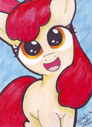 Size: 700x960 | Tagged: safe, artist:michael thompson, apple bloom, earth pony, pony, g4, adorabloom, big eyes, bronycan, cute, female, looking at you, mare, markers, original art, smiling, solo, too cute, traditional art