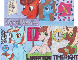 Size: 900x700 | Tagged: safe, oc, oc only, oc:artisic ash, oc:landstride, oc:matthew swift, oc:scroll scribe, oc:timeright, pony, badge, bronycan, con badge, female, male, mare, stallion