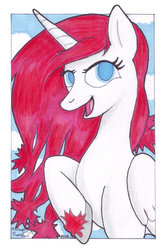 Size: 640x960 | Tagged: safe, artist:michael thompson, oc, oc only, oc:princess apricity, alicorn, pony, bronycan, canada, canadian, cloud, cloudy, female, happy, maple leaf, mare, markers, princess, sky, smiling, solo, traditional art