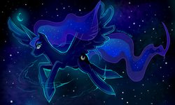 Size: 900x542 | Tagged: safe, artist:skyeypony, princess luna, g4, blue, female, flying, moon, solo, stars