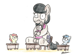 Size: 1865x1346 | Tagged: safe, artist:bobthedalek, octavia melody, oc, oc:mixed melody, oc:octavia's mother, earth pony, pony, g4, chair, clothes, deep mothering, desk, dress, mothers gonna mother, overprotective, traditional art