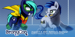 Size: 1200x600 | Tagged: safe, artist:pepooni, leadwing, oc, oc only, oc:hoof beatz, bronycon, bronycon 2015, g4, andy price, batman, bronycon mascots, cape, clothes, robin, superhero