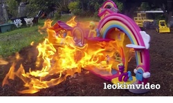 Size: 1366x821 | Tagged: safe, bootleg, fire, leokimvideo, lovely little pony, toy, toy abuse, youtube link