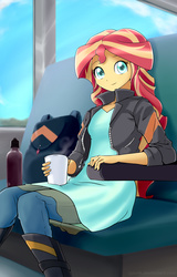 Size: 2199x3429 | Tagged: dead source, safe, artist:ryou14, sunset shimmer, equestria girls, g4, bag, cup, female, flask, high res, solo, train