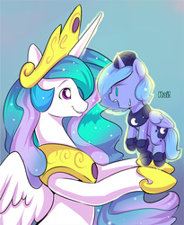 Size: 540x657 | Tagged: safe, artist:ende26, princess celestia, princess luna, g4, cute, cutelestia, filly, levitation, lunabetes, magic, open mouth, sweatdrop, telekinesis, wide eyes, woona, woona knight