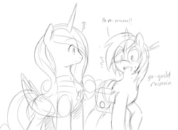 Size: 1019x744 | Tagged: safe, artist:ende26, princess cadance, shining armor, g4, dialogue, glasses, monochrome, nervous, open mouth, role reversal, sketch