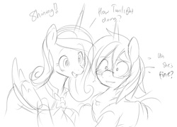 Size: 1019x728 | Tagged: safe, artist:ende26, princess cadance, shining armor, g4, blushing, dialogue, glasses, monochrome, nervous, open mouth, role reversal, sketch