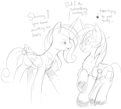 Size: 1110x999 | Tagged: safe, artist:ende26, princess cadance, shining armor, g4, dialogue, glasses, monochrome, nervous, open mouth, role reversal, sketch, sweat, wavy mouth