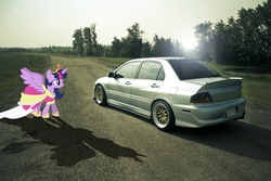Size: 3888x2592 | Tagged: safe, artist:bronyno786, artist:proenix, twilight sparkle, alicorn, pony, g4, car, clothes, crown, dress, female, high res, irl, mare, mitsubishi, mitsubishi lancer, mitsubishi lancer evolution viii, photo, ponies in real life, shadow, shoes, solo, twilight sparkle (alicorn), vector
