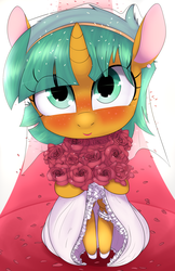 Size: 3300x5100 | Tagged: safe, artist:kryptchild, snails, pony, g4, bipedal, bouquet, clothes, crossdressing, dress, glitter shell, male, solo, transgender, trap, wedding dress