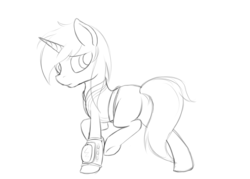 Size: 3500x2500 | Tagged: safe, artist:velvetremedyarts, oc, oc only, oc:littlepip, pony, unicorn, fallout equestria, black and white, butt, clothes, commission, fanfic, fanfic art, female, grayscale, high res, hooves, horn, jumpsuit, looking back, mare, missing cutie mark, monochrome, pipbuck, plot, simple background, solo, vault suit, white background