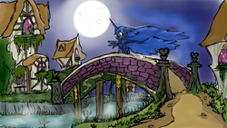 Size: 1024x576 | Tagged: safe, artist:speckledbrony1, princess luna, g4, bridge, female, moon, night, ponyville, scenery, solo