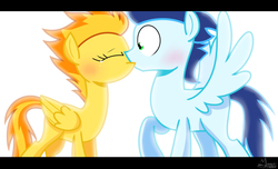 Size: 800x485 | Tagged: safe, artist:yaco, soarin', spitfire, pegasus, pony, g4, crying, cute, duo, female, kiss on the lips, kissing, love, male, missing cutie mark, ship:soarinfire, shipping, straight, surprise kiss, surprised