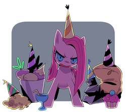 Size: 1000x893 | Tagged: safe, artist:きゃらられな, madame leflour, mr. turnip, pinkie pie, rocky, sir lintsalot, earth pony, pony, g4, party of one, angry, cup, cupcake, drinking straw, female, food, hat, lidded eyes, mare, open mouth, party hat, passepartout, pinkamena diane pie, simple background, solo, white background
