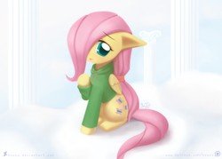 Size: 1450x1039 | Tagged: safe, artist:howxu, fluttershy, g4, clothes, female, filly, hoodie, solo