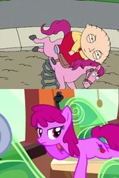 Size: 512x768 | Tagged: safe, edit, screencap, berry punch, berryshine, earth pony, pony, g4, just for sidekicks, chubby, comparison, cropped, family guy, fat, male, playground, rocking horse, stewie griffin