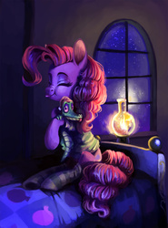 Size: 900x1214 | Tagged: safe, artist:dearmary, gummy, pinkie pie, g4, bed, clothes, eyes closed, hug, night, nose wrinkle, socks, striped socks, tongue out