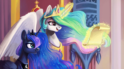 Size: 1800x1001 | Tagged: safe, artist:dearmary, princess celestia, princess luna, alicorn, pony, g4, cute, duo, female, magic, mare, open mouth, opening, royal sisters, scene interpretation, scroll, siblings, sisters, spread wings, telekinesis