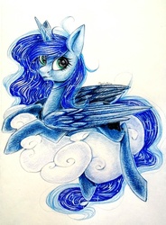 Size: 1028x1400 | Tagged: safe, artist:maritimelightningp, princess luna, g4, cloud, female, prone, solo, traditional art