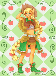 Size: 1024x1391 | Tagged: safe, artist:buryooooo, applejack, earth pony, anthro, g4, belly button, clothes, dress, female, gala dress, midriff, pony coloring, solo