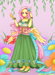 Size: 1024x1391 | Tagged: safe, artist:buryooooo, fluttershy, anthro, g4, clothes, dress, female, flower, gala dress, pony coloring, smiling, solo, spread wings