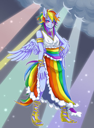 Size: 1024x1391 | Tagged: safe, artist:buryooooo, rainbow dash, anthro, g4, clothes, cloud, cloudy, crepuscular rays, dress, female, gala dress, grin, pony coloring, side slit, solo, tailed humanization