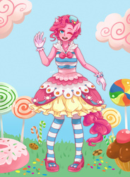 Size: 1024x1391 | Tagged: safe, artist:buryooooo, pinkie pie, earth pony, anthro, g4, candy, clothes, dignified wear, dress, female, food, gala dress, gloves, lollipop, pony coloring, solo, wink